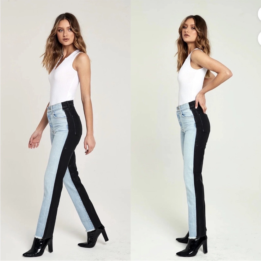 Revice Two Tone Split High Rise Straight Leg Jeans.